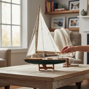 Vintage Wooden Sailboat Nautical Decor Coastal Beach House Boat Model With Stand
